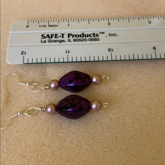 Purple , pink and .925 silver handmade drop pierced earrings - Picture 2 of 8